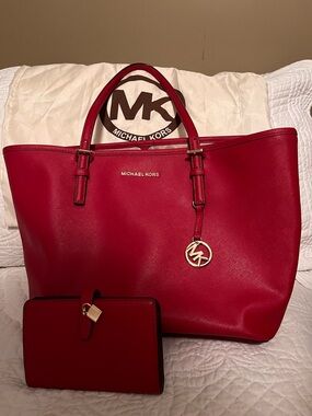 Michael Kors Red Saffiano Leather Tote with Matching Wallet and Gold Charm